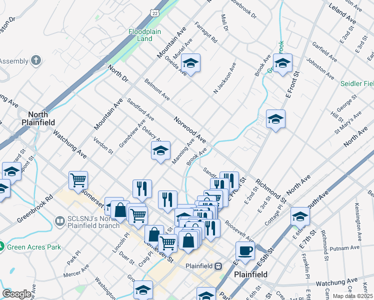 map of restaurants, bars, coffee shops, grocery stores, and more near 106 Sandford Avenue in North Plainfield