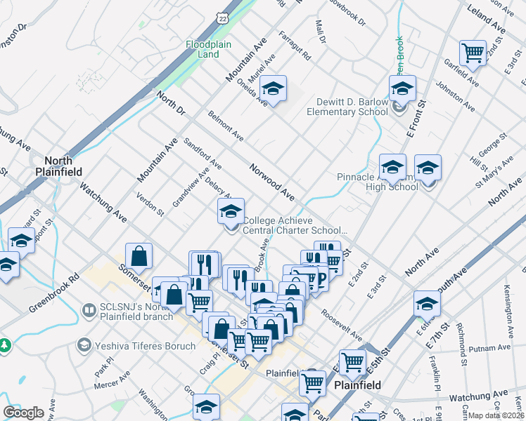 map of restaurants, bars, coffee shops, grocery stores, and more near 153 Manning Avenue in North Plainfield