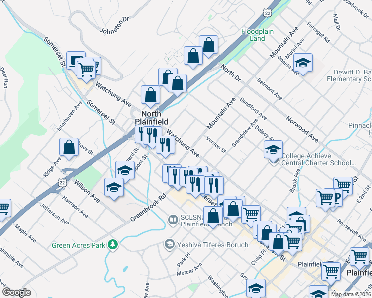 map of restaurants, bars, coffee shops, grocery stores, and more near 19 Mountain Avenue in North Plainfield