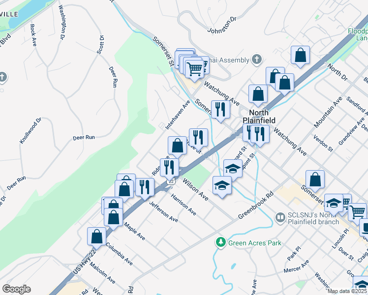 map of restaurants, bars, coffee shops, grocery stores, and more near 401 Grove Street in North Plainfield