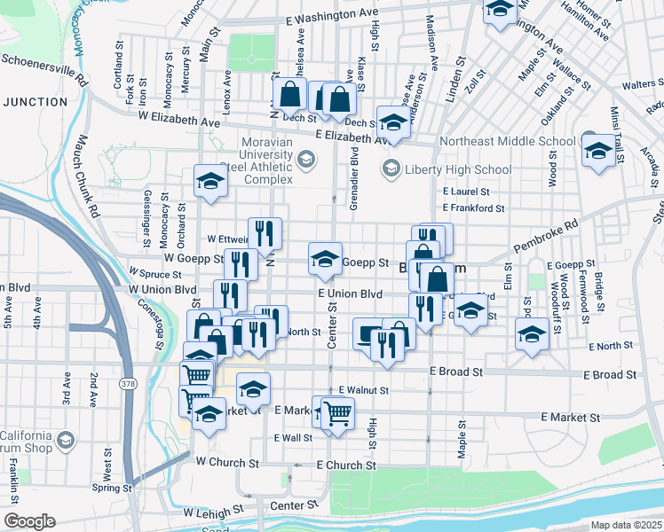 map of restaurants, bars, coffee shops, grocery stores, and more near 840 Center Street in Bethlehem