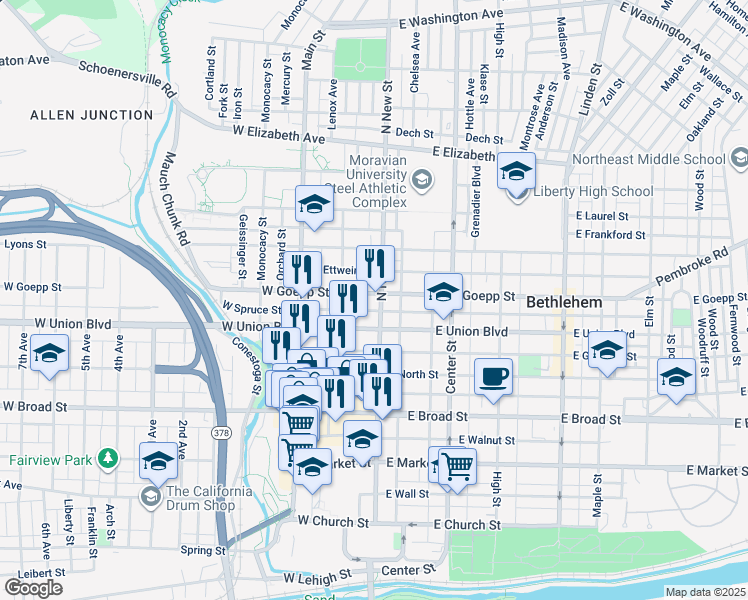 map of restaurants, bars, coffee shops, grocery stores, and more near 838 North New Street in Bethlehem