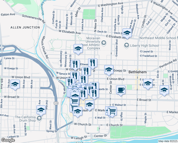 map of restaurants, bars, coffee shops, grocery stores, and more near 33 West Goepp Street in Bethlehem