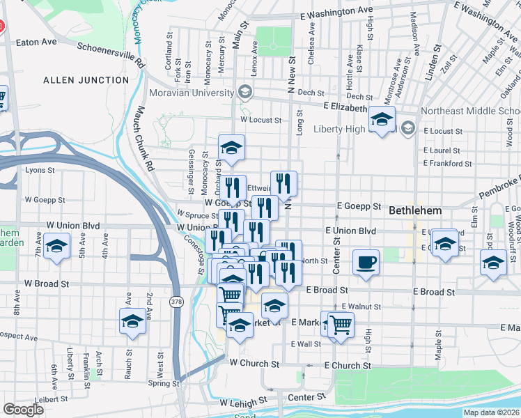 map of restaurants, bars, coffee shops, grocery stores, and more near 33 West Goepp Street in Bethlehem