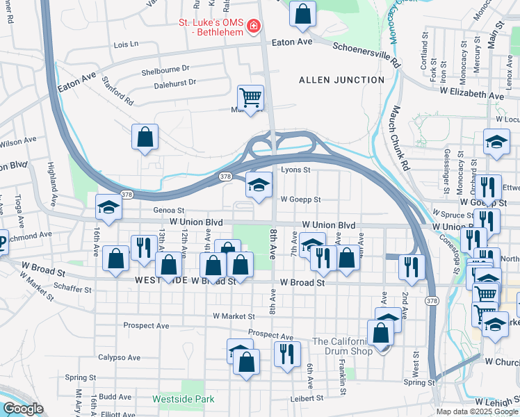 map of restaurants, bars, coffee shops, grocery stores, and more near 909 West Union Boulevard in Bethlehem