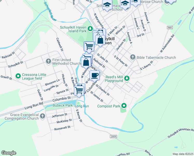 map of restaurants, bars, coffee shops, grocery stores, and more near 135 West Columbia Street in Schuylkill Haven
