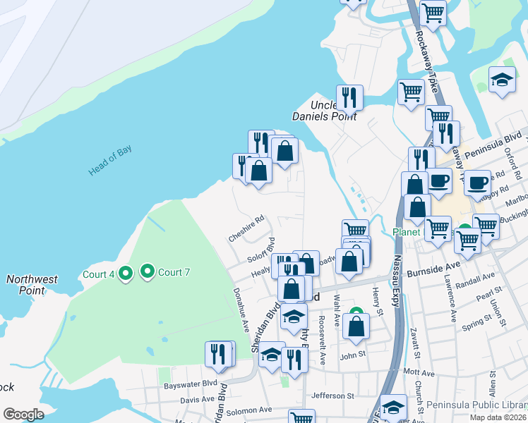 map of restaurants, bars, coffee shops, grocery stores, and more near 2 Cheshire Road in Inwood