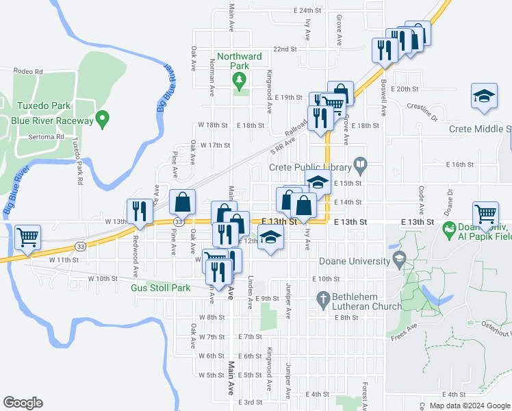 map of restaurants, bars, coffee shops, grocery stores, and more near 1344 Linden Avenue in Crete