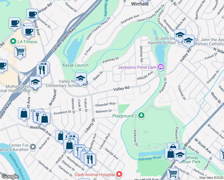 map of restaurants, bars, coffee shops, grocery stores, and more near 279 Valley Road in Clark