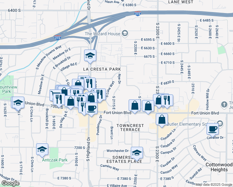 map of restaurants, bars, coffee shops, grocery stores, and more near 6879 Nye Drive in Cottonwood Heights