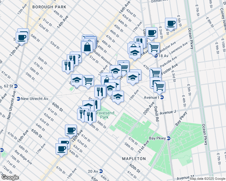 map of restaurants, bars, coffee shops, grocery stores, and more near 1797 53rd Street in Brooklyn
