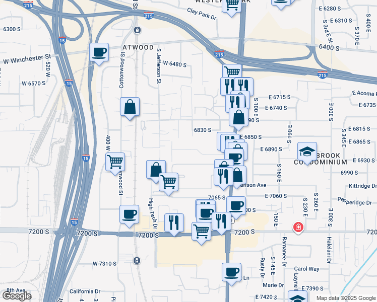 map of restaurants, bars, coffee shops, grocery stores, and more near 155 West Plumtree Lane in Midvale