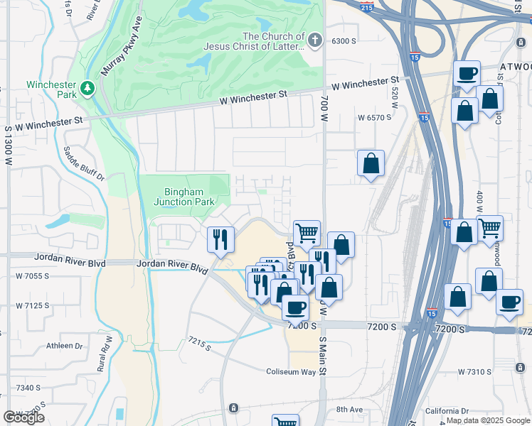 map of restaurants, bars, coffee shops, grocery stores, and more near 6913 Suzanne Drive in Midvale