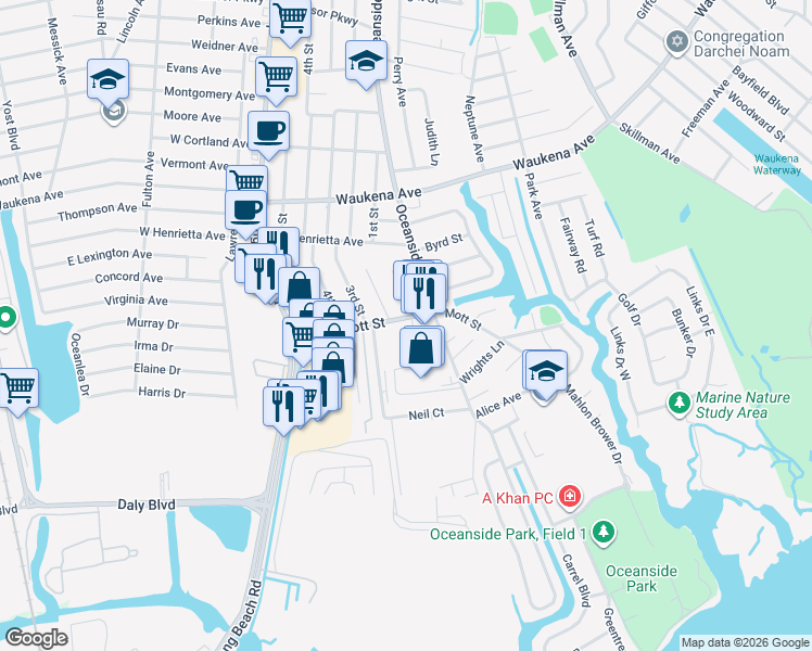 map of restaurants, bars, coffee shops, grocery stores, and more near 350 Hargale Road in Oceanside