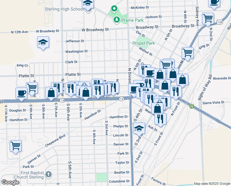 map of restaurants, bars, coffee shops, grocery stores, and more near 115 North 2nd Avenue in Sterling