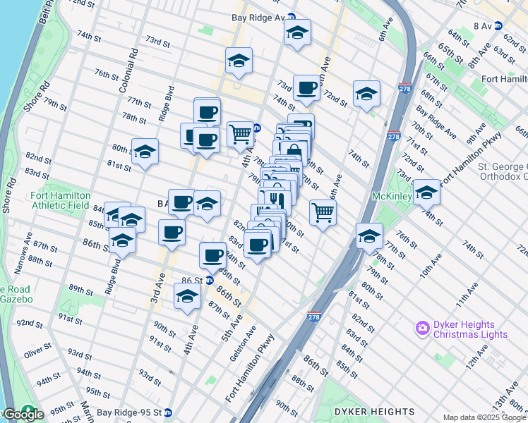 map of restaurants, bars, coffee shops, grocery stores, and more near 464 80th Street in Brooklyn