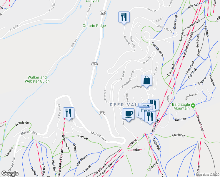 map of restaurants, bars, coffee shops, grocery stores, and more near 6605 Lookout Drive in Park City