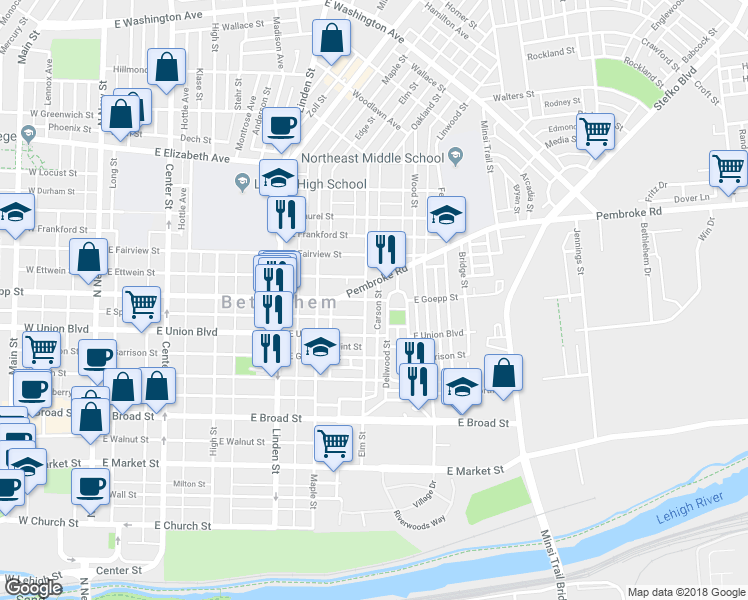 map of restaurants, bars, coffee shops, grocery stores, and more near 501 East Goepp Street in Bethlehem