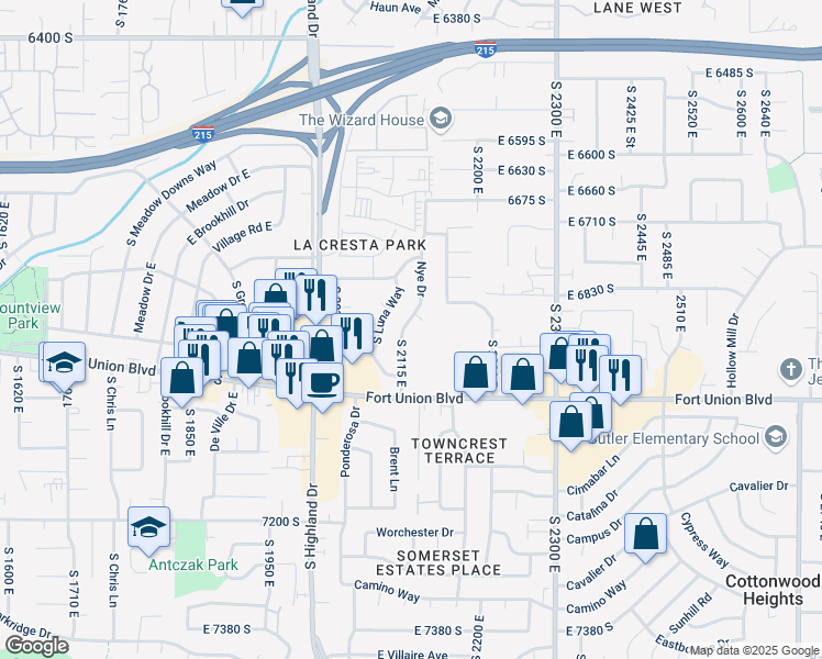 map of restaurants, bars, coffee shops, grocery stores, and more near 6879 Nye Drive in Cottonwood Heights