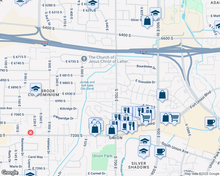 map of restaurants, bars, coffee shops, grocery stores, and more near 6894 670 East in Midvale