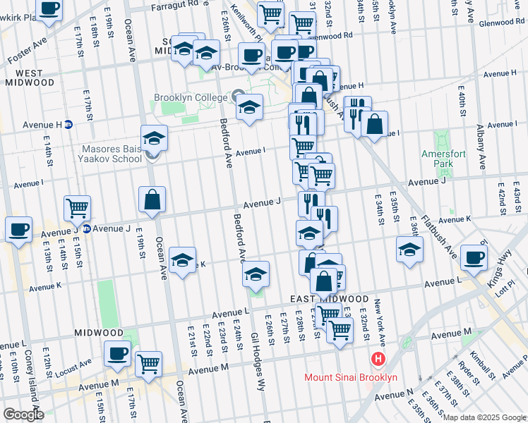 map of restaurants, bars, coffee shops, grocery stores, and more near 1014 East 27th Street in Brooklyn
