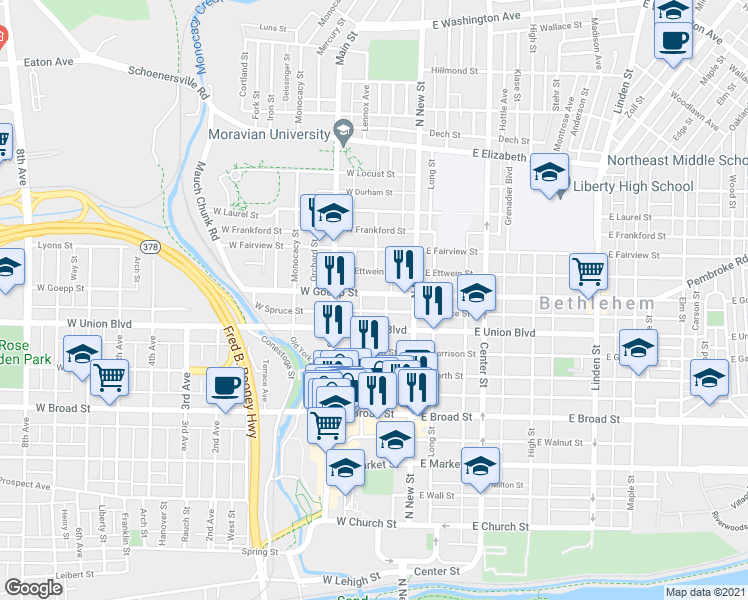 map of restaurants, bars, coffee shops, grocery stores, and more near 33 West Goepp Street in Bethlehem