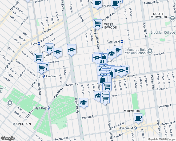 map of restaurants, bars, coffee shops, grocery stores, and more near 953 East 8th Street in Brooklyn