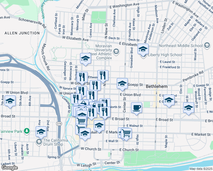 map of restaurants, bars, coffee shops, grocery stores, and more near 838 North New Street in Bethlehem