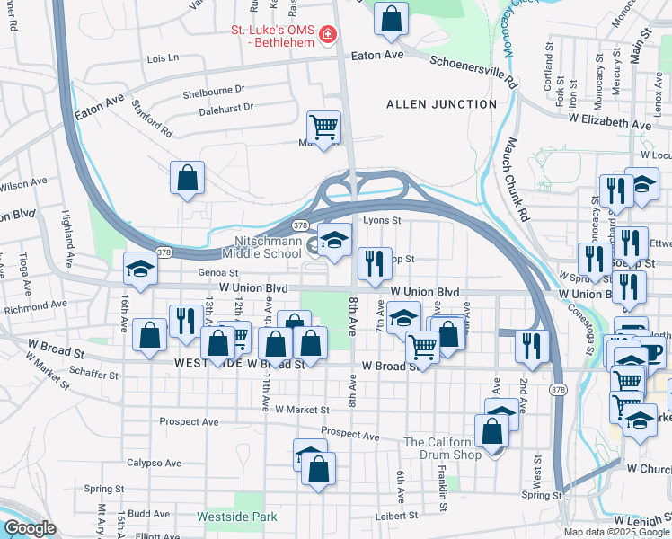 map of restaurants, bars, coffee shops, grocery stores, and more near 1002 West Union Boulevard in Bethlehem