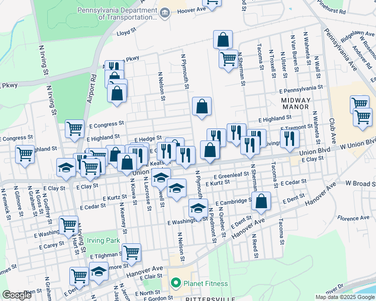 map of restaurants, bars, coffee shops, grocery stores, and more near 1513 East Livingston Street in Allentown