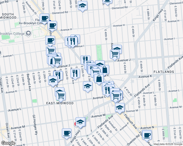 map of restaurants, bars, coffee shops, grocery stores, and more near 1012 East 36th Street in Brooklyn