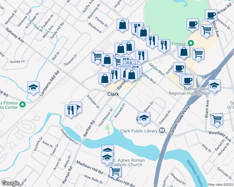 map of restaurants, bars, coffee shops, grocery stores, and more near 1005 Raritan Road in Clark