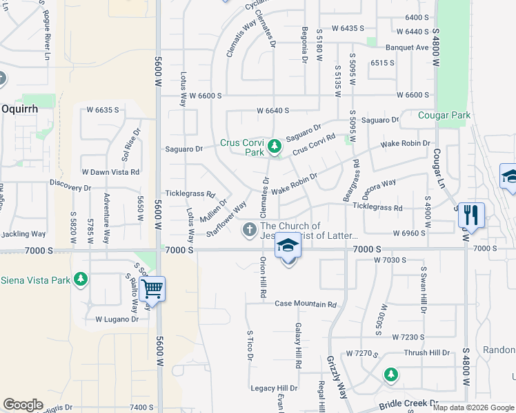 map of restaurants, bars, coffee shops, grocery stores, and more near 6890 Clernates Drive in West Jordan