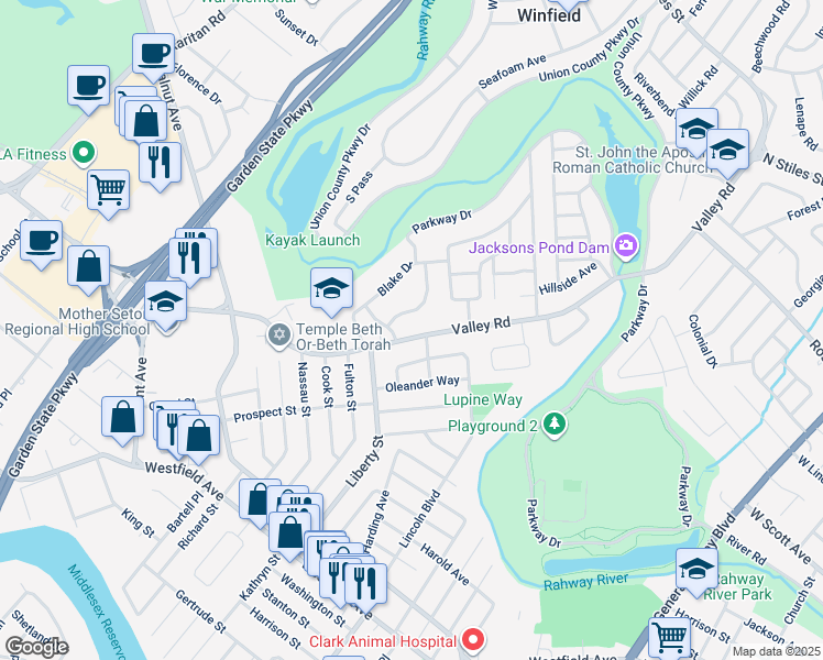 map of restaurants, bars, coffee shops, grocery stores, and more near 246 Valley Rd in Clark