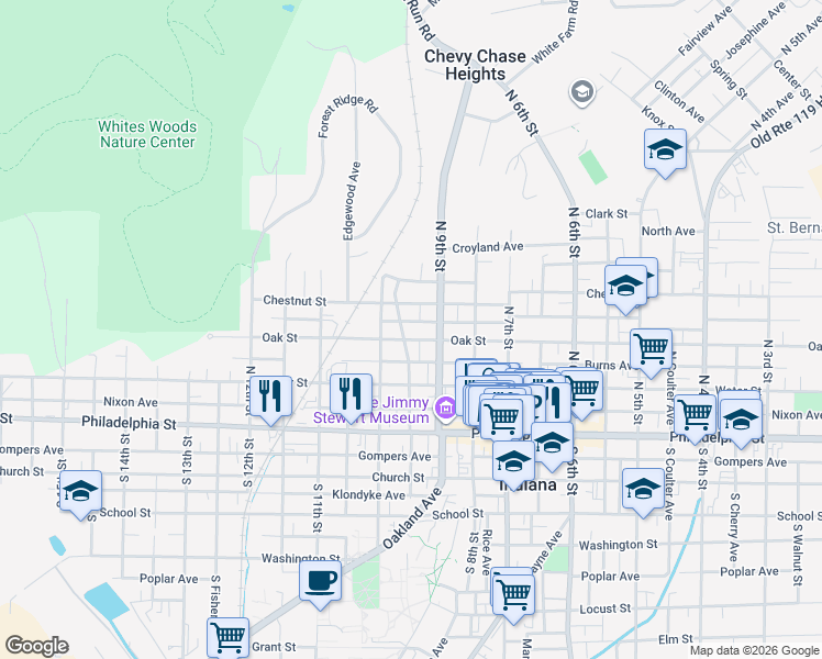 map of restaurants, bars, coffee shops, grocery stores, and more near 919 Oak Street in Indiana