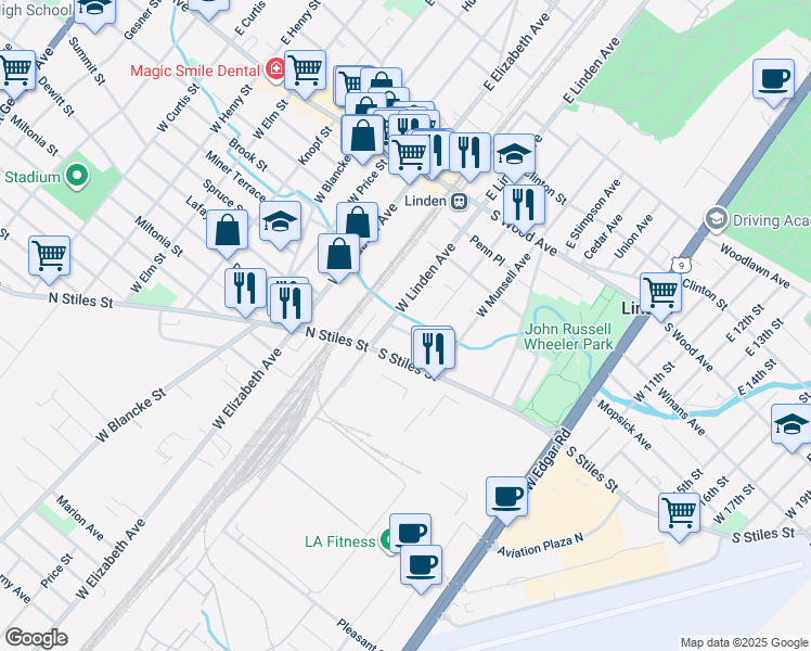 map of restaurants, bars, coffee shops, grocery stores, and more near 111 Coolidge St in Linden