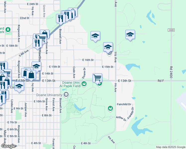 map of restaurants, bars, coffee shops, grocery stores, and more near 1320 East 13th Street in Crete