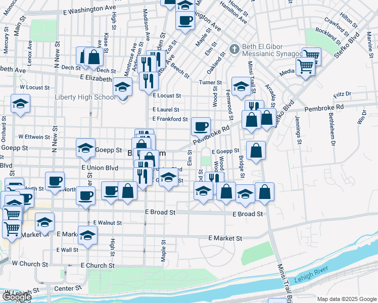 map of restaurants, bars, coffee shops, grocery stores, and more near 451 East Goepp Street in Bethlehem