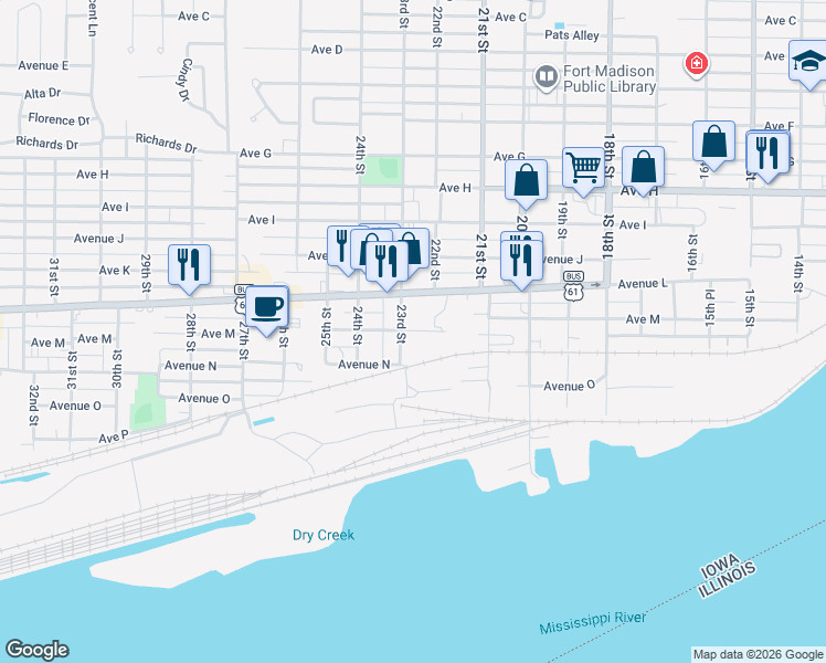 map of restaurants, bars, coffee shops, grocery stores, and more near 2200 Avenue M in Fort Madison