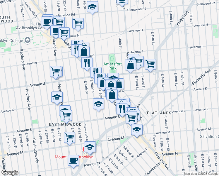 map of restaurants, bars, coffee shops, grocery stores, and more near 1192 East 38th Street in Brooklyn