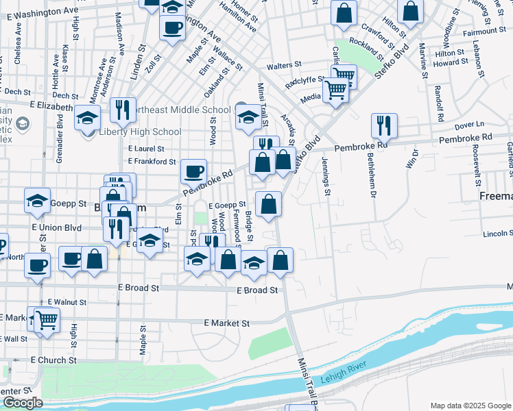map of restaurants, bars, coffee shops, grocery stores, and more near 732 East Goepp Street in Bethlehem