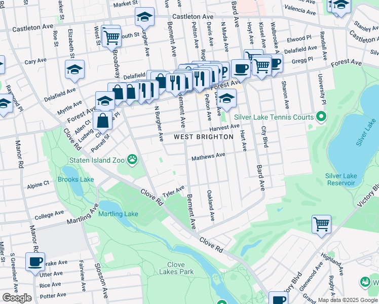 map of restaurants, bars, coffee shops, grocery stores, and more near 627 Bement Avenue in Staten Island