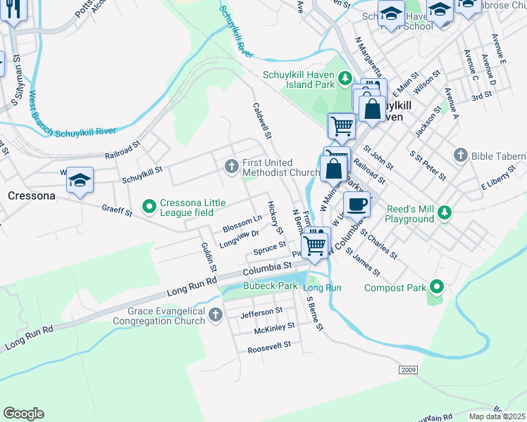 map of restaurants, bars, coffee shops, grocery stores, and more near 10 Blossom Lane in Schuylkill Haven