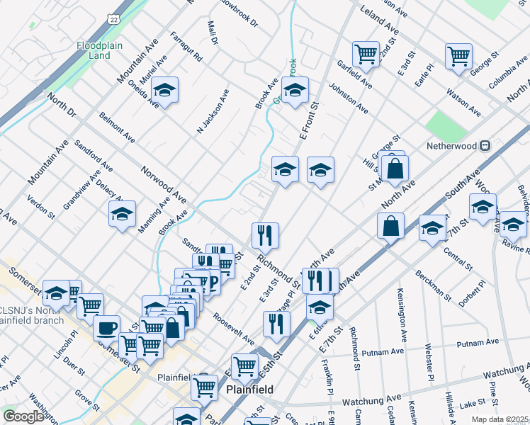 map of restaurants, bars, coffee shops, grocery stores, and more near 542 East Front Street in Plainfield