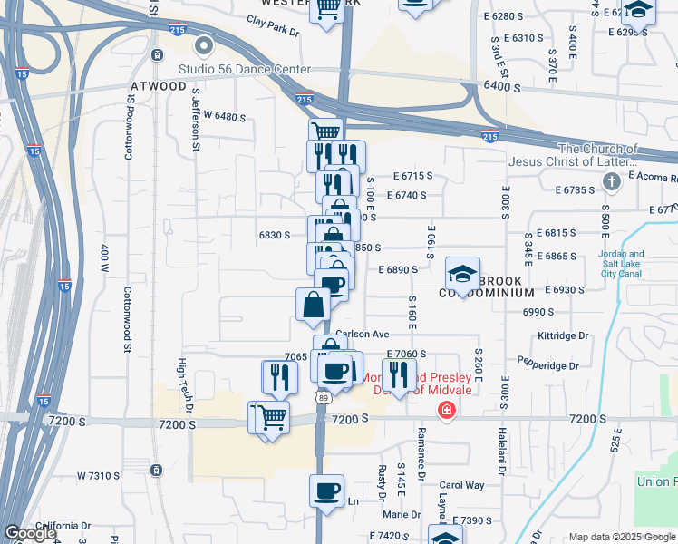 map of restaurants, bars, coffee shops, grocery stores, and more near 6895 State Street in Midvale