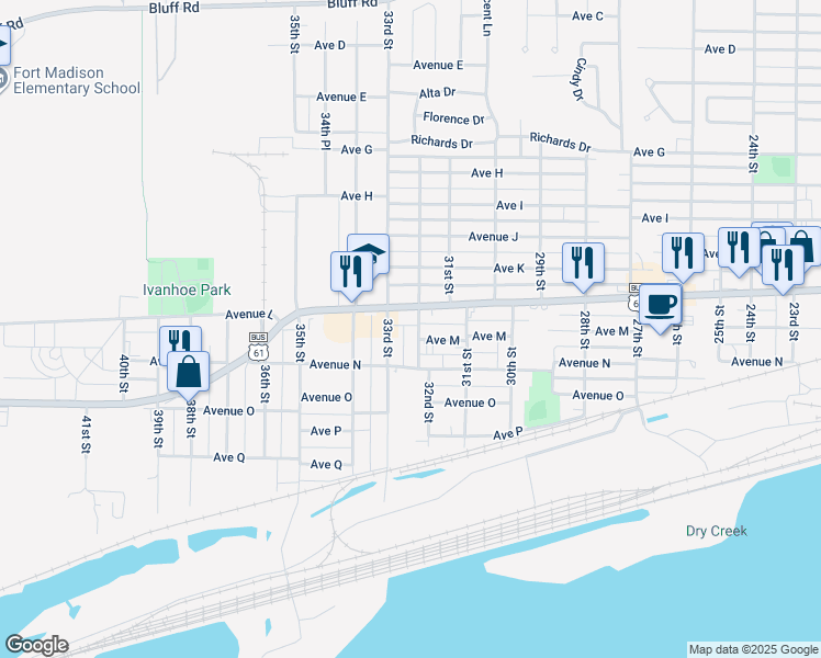map of restaurants, bars, coffee shops, grocery stores, and more near 1215 32nd Street in Fort Madison