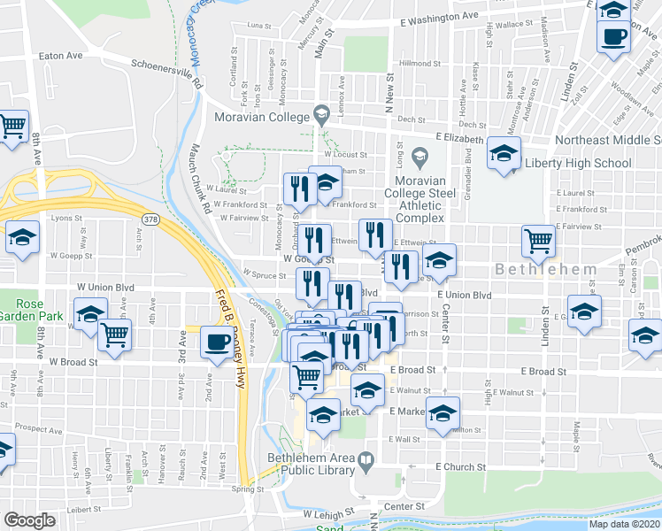 map of restaurants, bars, coffee shops, grocery stores, and more near 73 West Goepp Street in Bethlehem