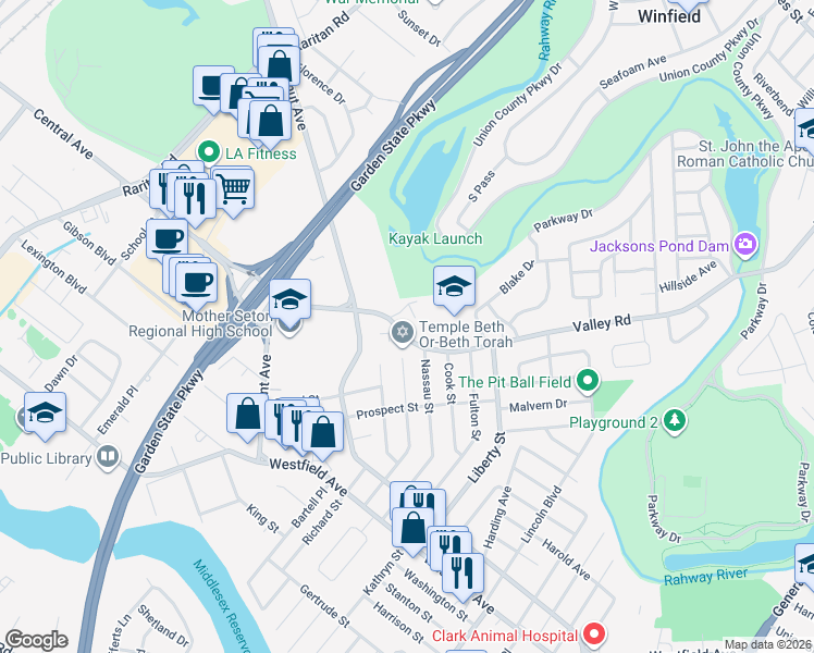 map of restaurants, bars, coffee shops, grocery stores, and more near 100 Valley Road in Clark