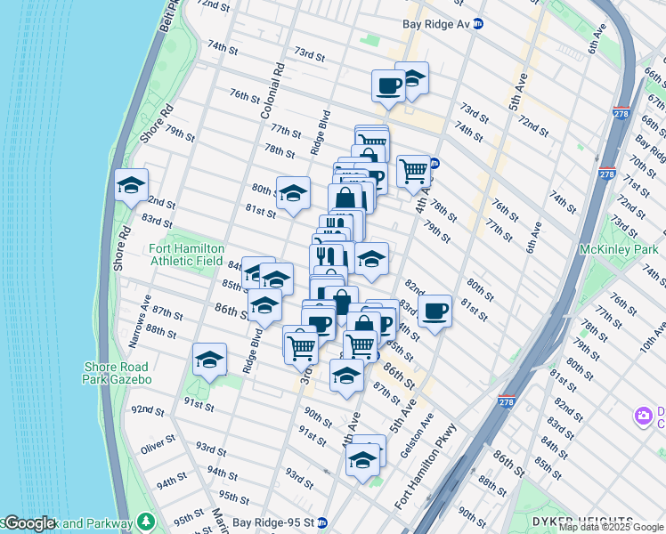 map of restaurants, bars, coffee shops, grocery stores, and more near 8214-8216 3rd Avenue in Brooklyn