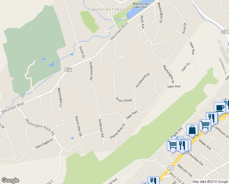 map of restaurants, bars, coffee shops, grocery stores, and more near 65 Acorn Road in Watchung